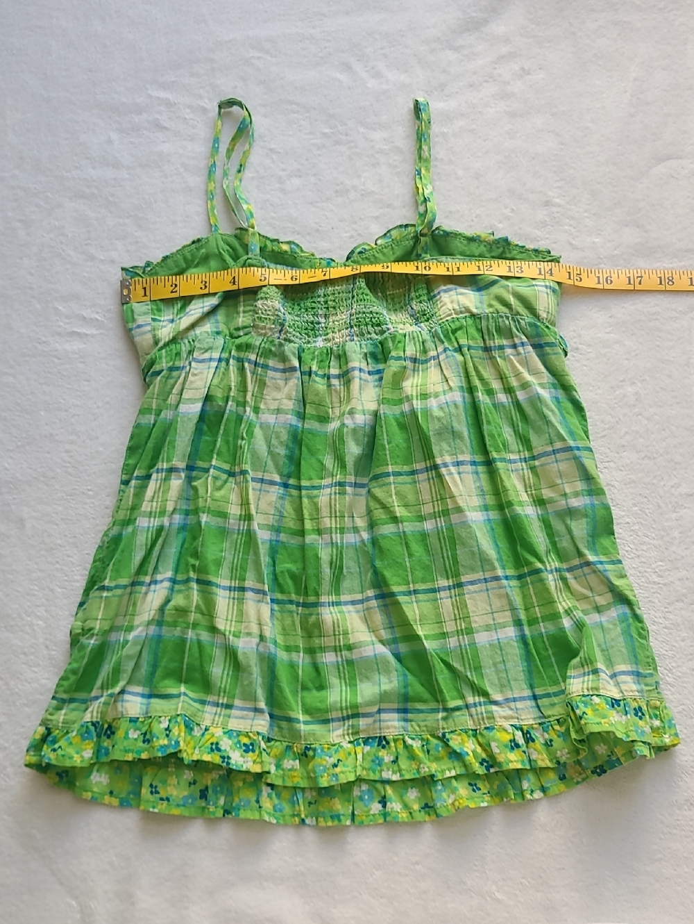 Y2K Cotton Green Plaid Smocked Waist Floral Trim Tank Picnic Summer Babydoll - Picture 4 of 5
